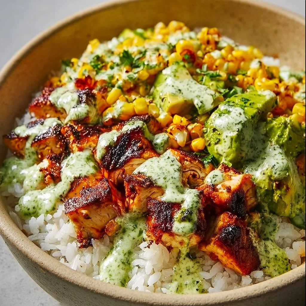 30-minute street corn chicken rice bowl with fresh ingredients and vibrant toppings