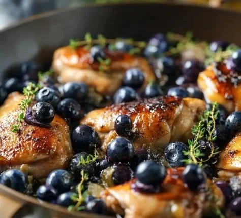 Juicy Blueberry Thyme Chicken garnished with fresh thyme and blueberries
