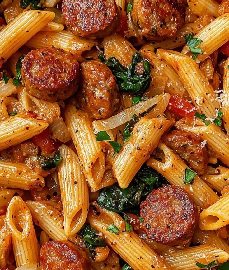Delicious Cajun Sausage Pasta with creamy sauce and spicy sausage