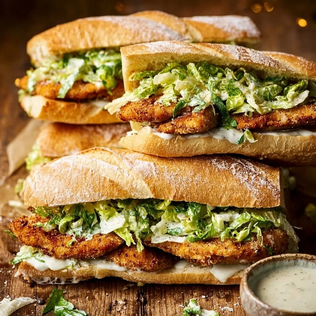Chicken Caesar Sandwiches feature well-seasoned, crispy chicken, Caesar salad, and Parmesan cheese layered on soft bread. 2 Delicious Chicken Caesar Sandwich with crispy chicken, Caesar salad, and Parmesan cheese