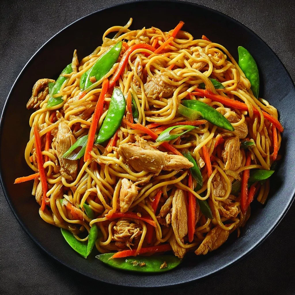 Chicken Lo Mein 4 Delicious Chicken Lo Mein topped with vegetables and chicken in a savory sauce