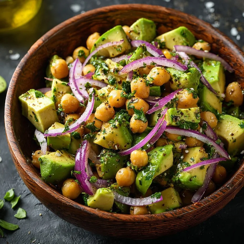Chickpea Feta Avocado Salad with vibrant ingredients in a bowl.