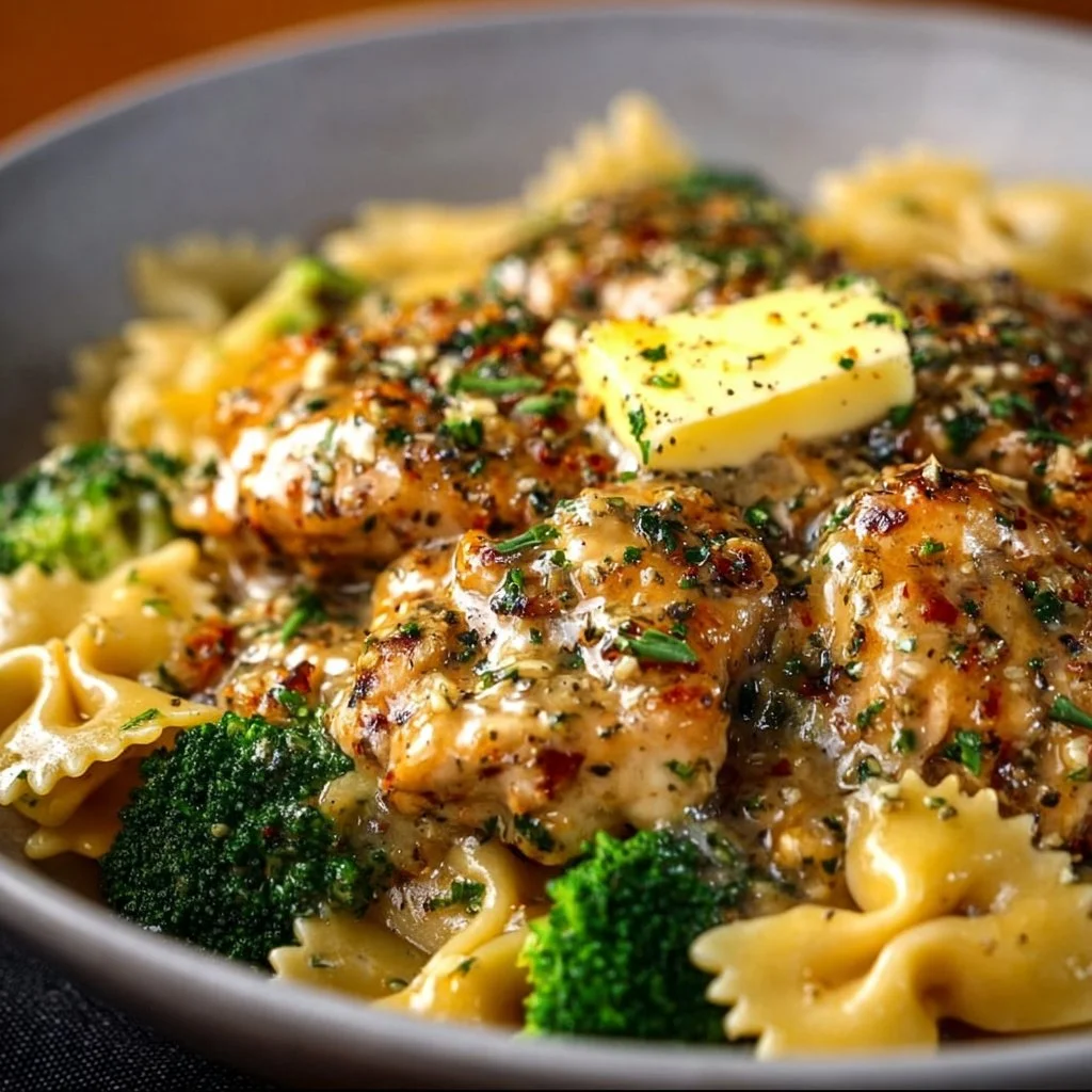 Cowboy Butter Lemon Bowtie Chicken served with broccoli for a flavorful meal.
