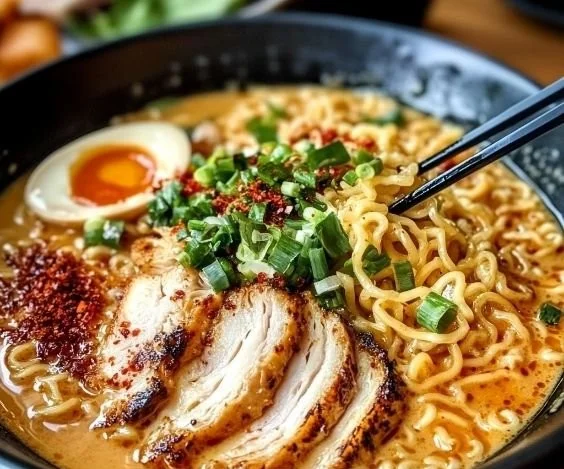 Creamy garlic chicken ramen with fresh vegetables and flavorful broth