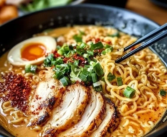 Bowl of creamy garlic chicken ramen topped with green onions and garlic cloves