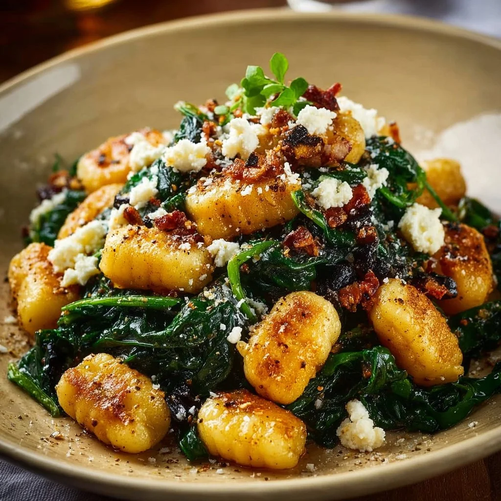 Creamy Gnocchi with Spinach and Feta 4 Creamy gnocchi dish with spinach and feta served in a bowl