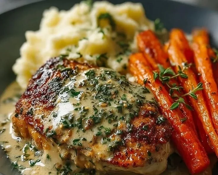 Creamy herb chicken plated with mashed potatoes and honey glazed carrots