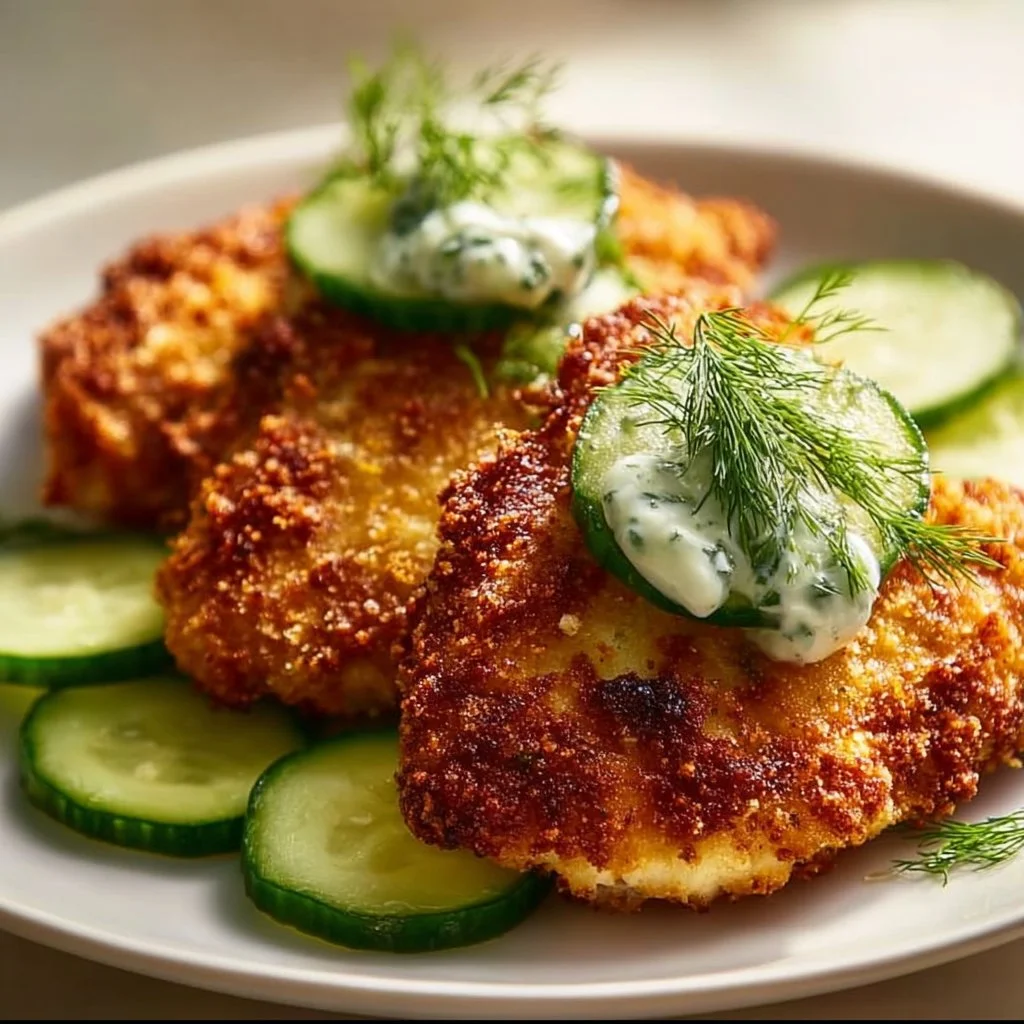 Crispy dill pickle parmesan chicken served on a plate with garnishes