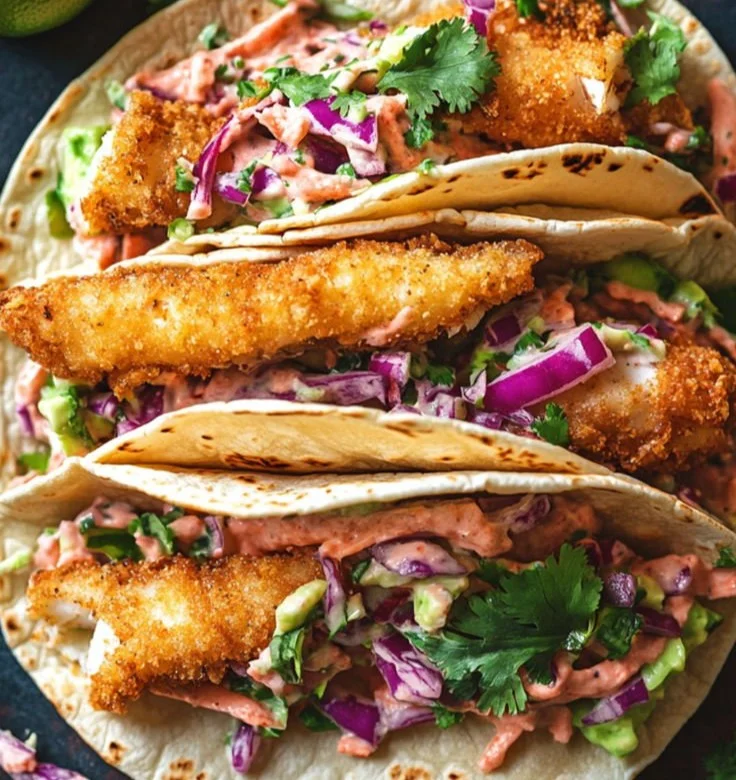 Crispy fish tacos topped with cilantro lime slaw in a colorful presentation.