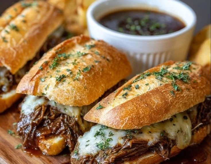 Delicious Crockpot French dip sandwiches served with au jus for dipping.