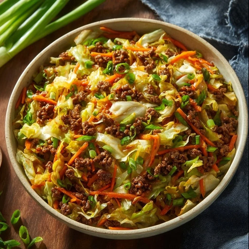 Egg Roll in a Bowl 4 Delicious Egg Roll in a Bowl with colorful vegetables and savory sauce.