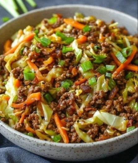 Delicious Egg Roll in a Bowl featuring colorful vegetables and savory meat.