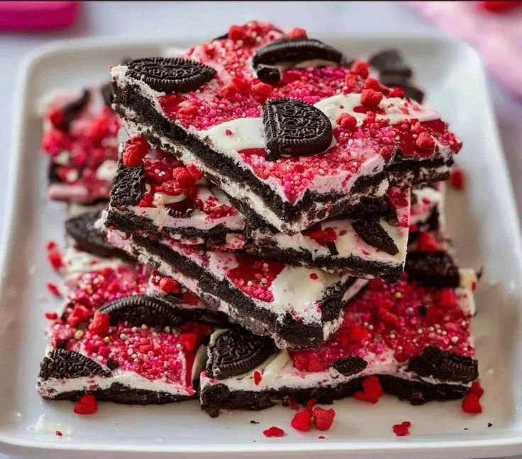 Epic Valentine's Oreo Bark topped with sprinkles and heart-shaped candies.