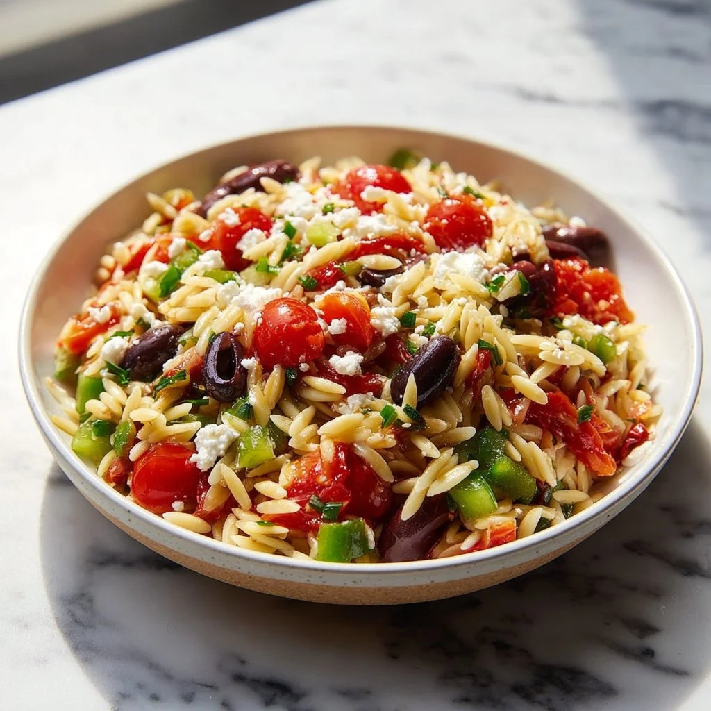 Greek Orzo Salad 3 Colorful Greek Orzo Salad with vegetables and feta cheese in a bowl