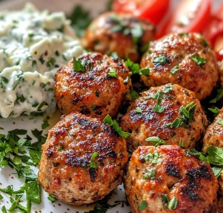 Plate of Greek Turkey Meatballs served with Tzatziki sauce