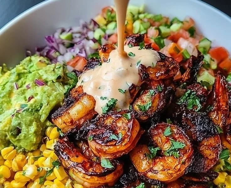 Grilled Shrimp Bowl with Avocado, Corn Salsa & Creamy Garlic Sauce