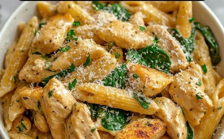 Healthy garlic parmesan chicken pasta dish with fresh ingredients and herbs.
