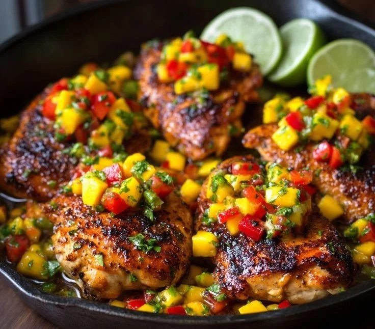 Healthy honey lime chicken served with fresh mango salsa