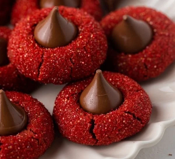 Delicious Hershey's Red Velvet Blossoms cookies topped with chocolate kisses.