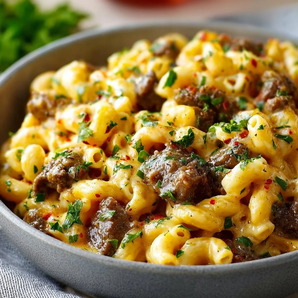 Creamy Philly Cheesesteak Mac & Cheese topped with savory beef and cheese