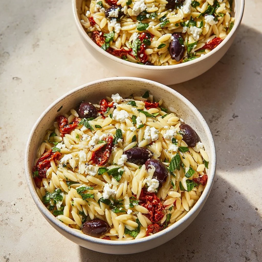 Bowl of homemade orzo pasta salad with feta and sun-dried tomatoes
