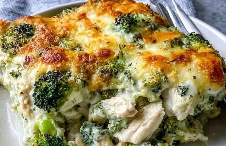 Keto Chicken Alfredo Broccoli Bake with creamy sauce and broccoli in a baking dish.