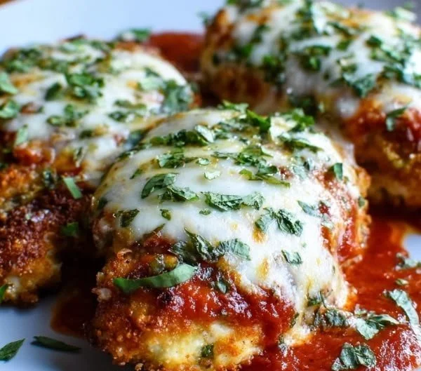 Keto Chicken Parmesan served with fresh herbs and cheese on a plate