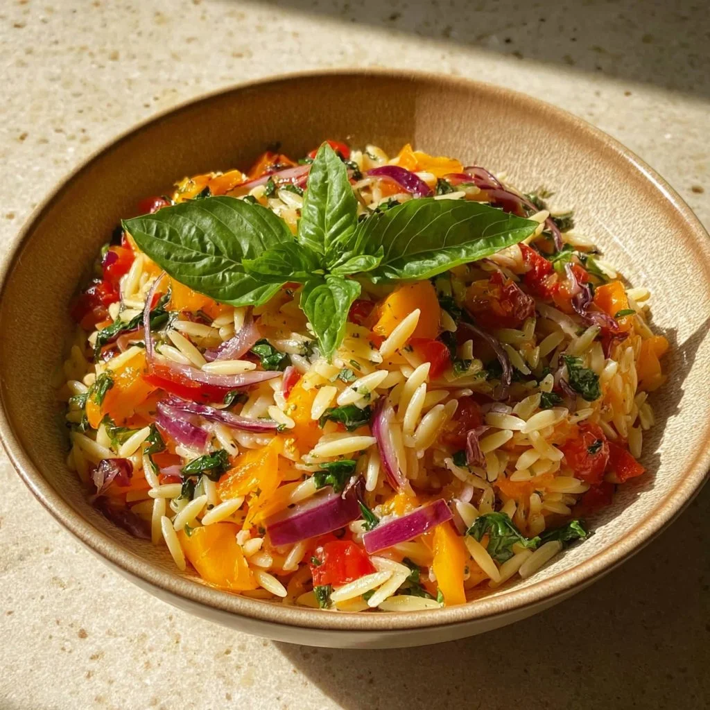 Lemon Basil Orzo Pasta Salad served in a bowl, garnished with fresh basil