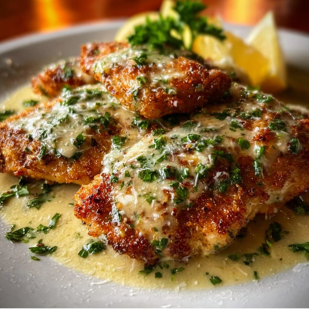 Plate of Lemon Chicken Romano with vibrant lemon slices and herbs