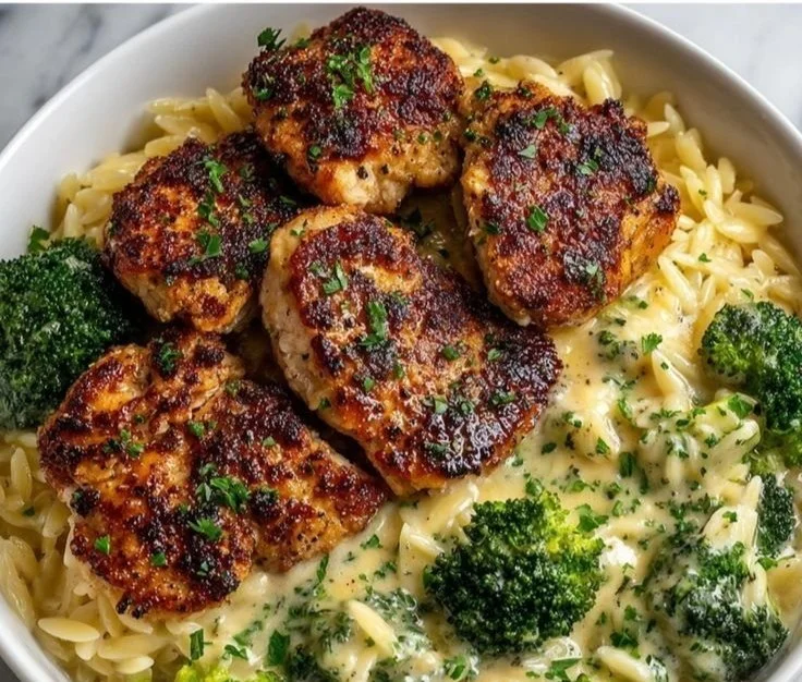 Lemon Pepper Chicken with Broccoli and Orzo on a plate