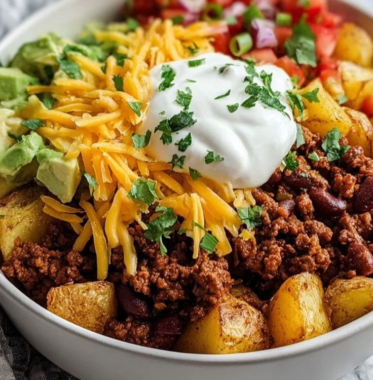 Loaded potato taco bowl topped with fresh vegetables and spices.