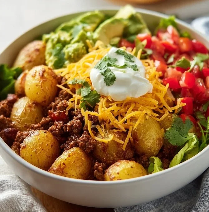 Loaded potato taco bowl with toppings and spices served in a vibrant bowl