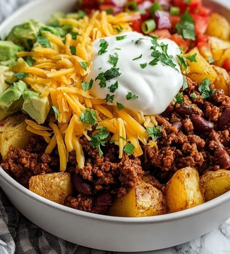 Delicious Loaded Potato Taco Bowl topped with fresh ingredients and spices