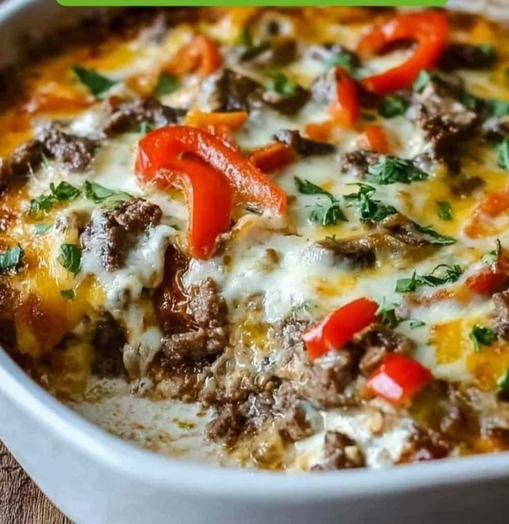 Delicious low carb Philly cheesesteak casserole topped with melted cheese.
