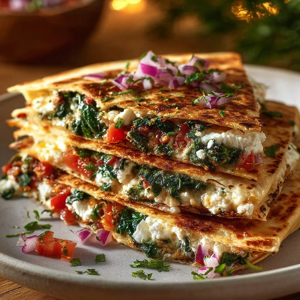 Delicious Mediterranean Quesadillas filled with fresh ingredients