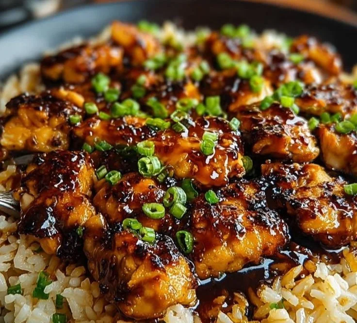 One-pan honey BBQ chicken served with rice, garnished with herbs.