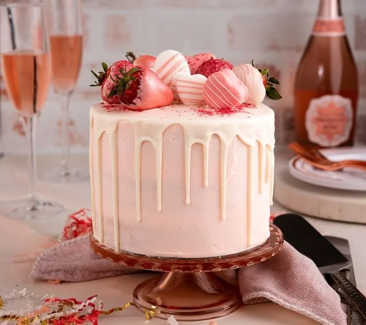 Delicious Pink Champagne Cake topped with pink frosting and decorative sprinkles.