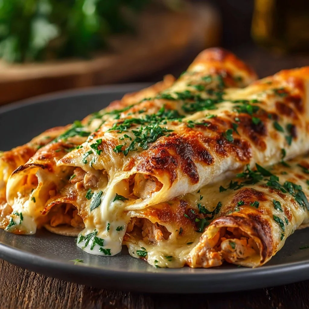 Delicious low-carb cheesy garlic chicken wraps on a plate.