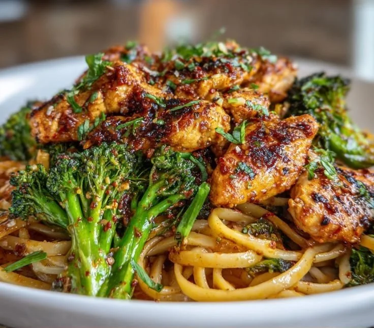 Delicious Spicy Garlic Chicken served with broccoli and noodles in a bowl.