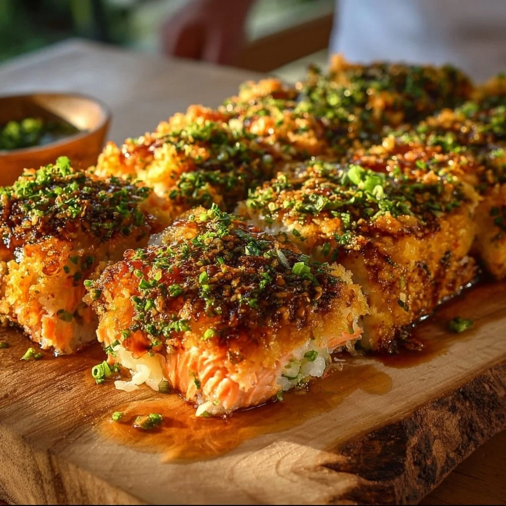 Delicious spicy salmon sushi bake served in a dish with fresh ingredients.