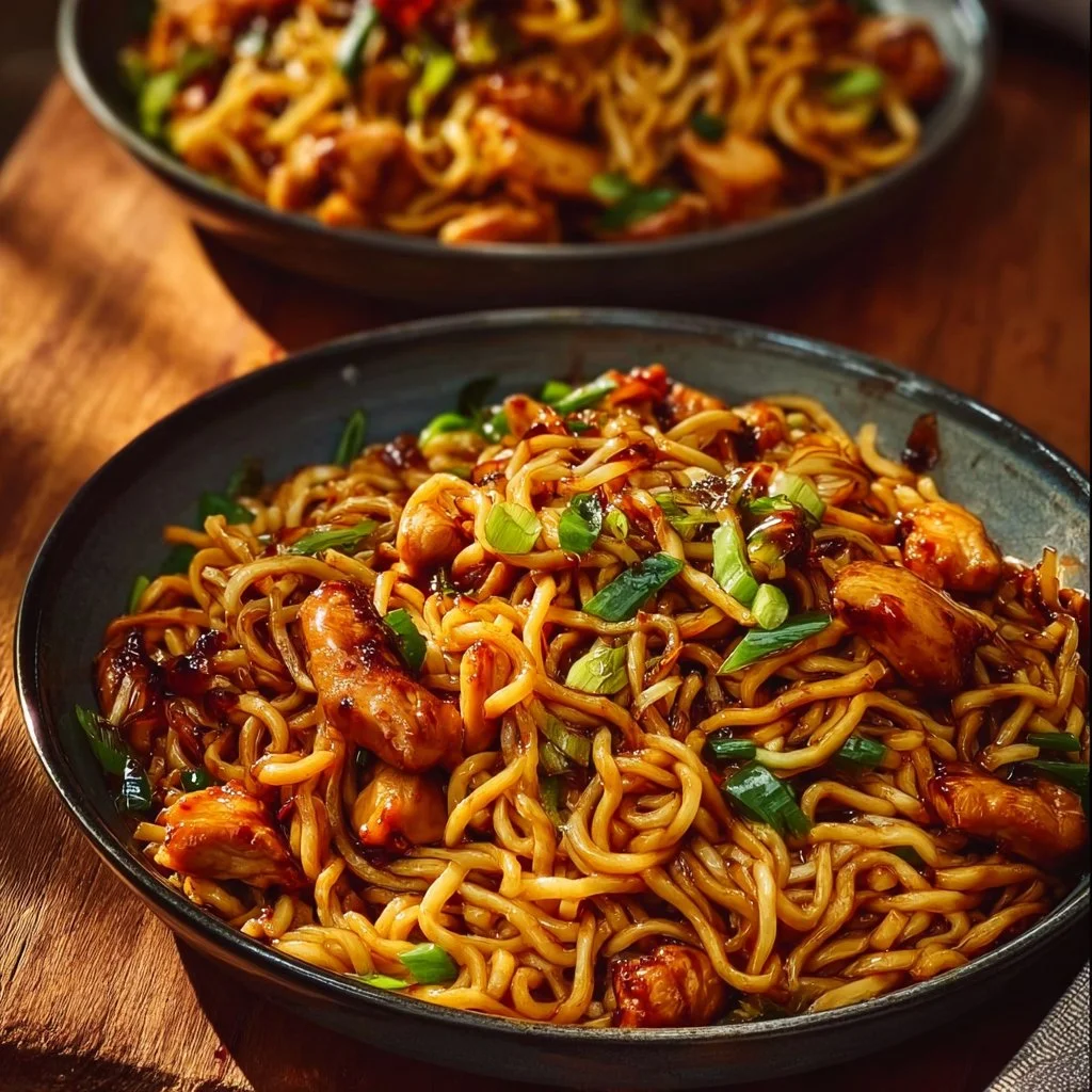 Delicious sticky garlic chicken noodles garnished with fresh herbs