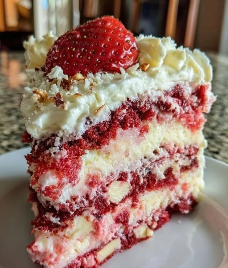 Delicious strawberry earthquake cake with creamy layers and fruity toppings.