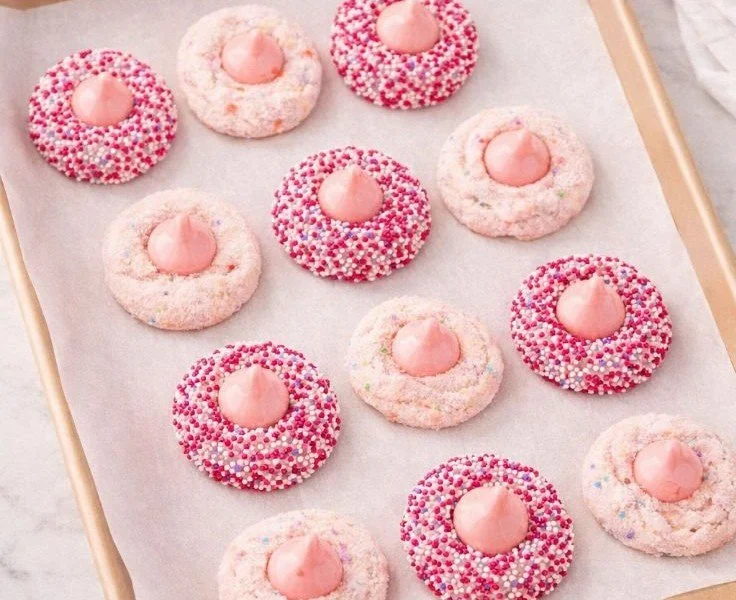 Delicious Strawberry Kiss Cookies topped with a strawberry