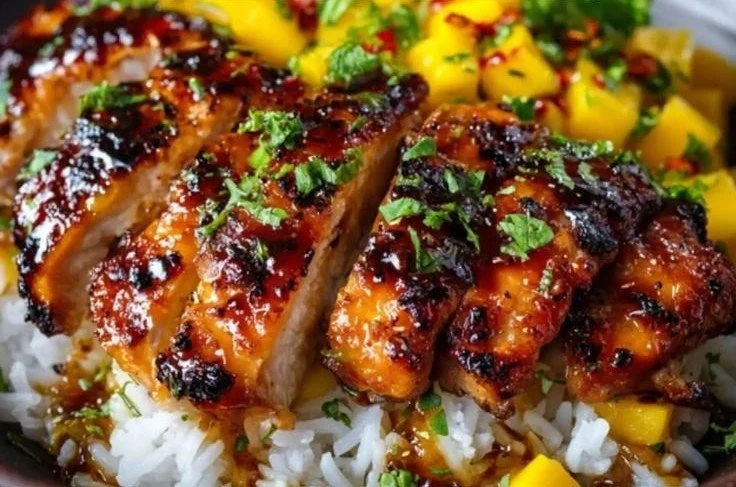 Delicious mango glazed chicken twists served on a plate with fresh herbs