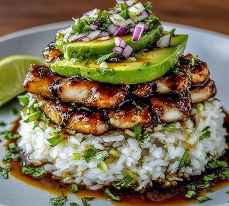 Tangy Honey Lime Chicken & Avocado Rice Stack 2 Delicious tangy Honey Lime Chicken served with avocado rice stack