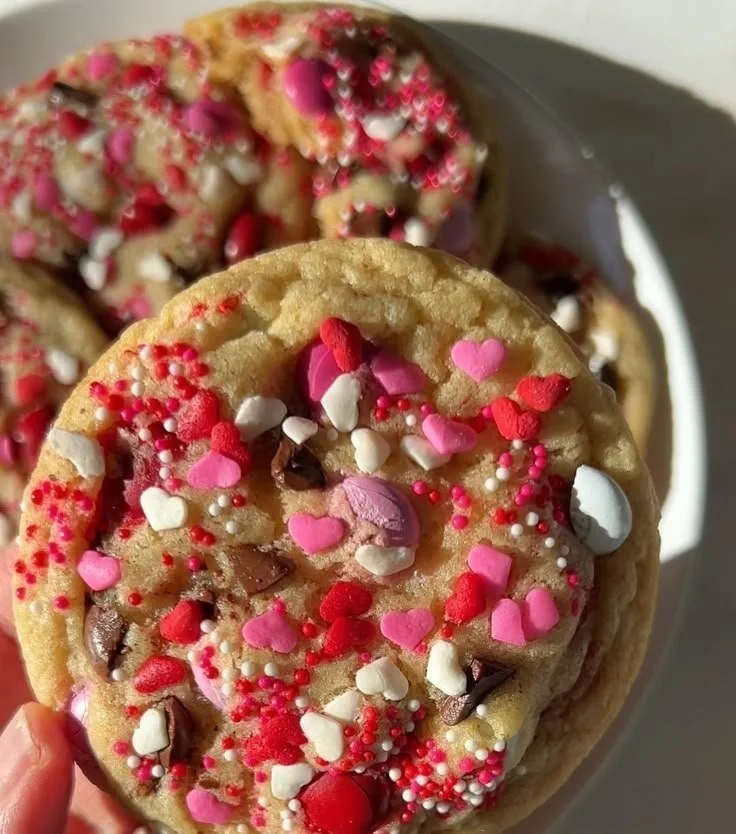Valentine's Day themed M&M cookies decorated with colorful candies