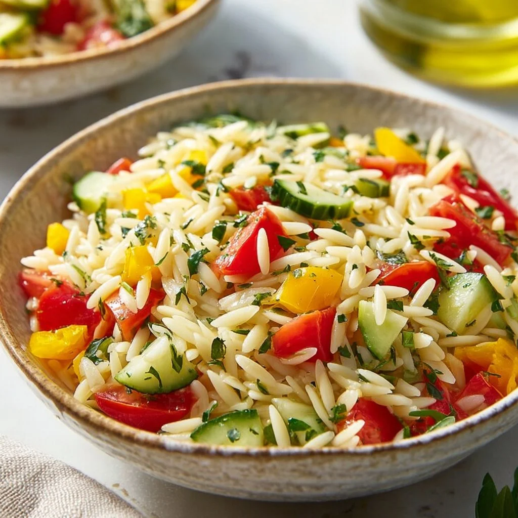 Zesty Lemon Orzo Pasta Salad with fresh vegetables and herbs