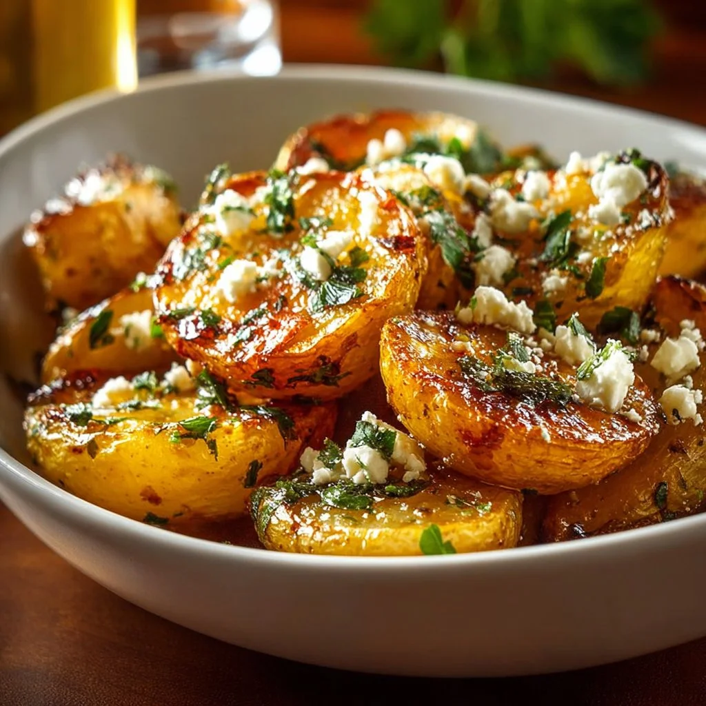 Plate of authentic Greek potatoes garnished with herbs and spices