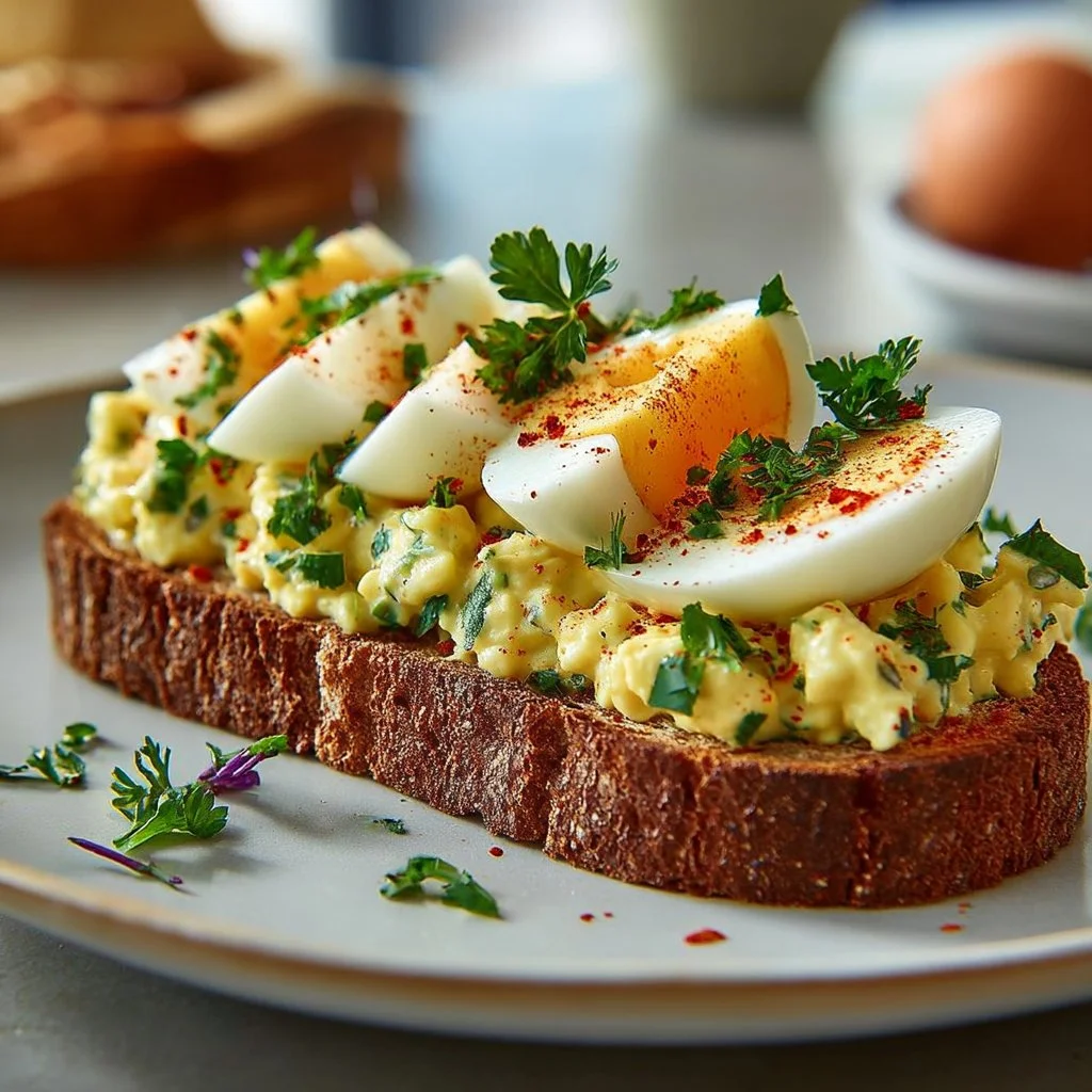 Avocado Egg Salad Toast with Paprika 4 Avocado egg salad toast topped with paprika on a wooden board.