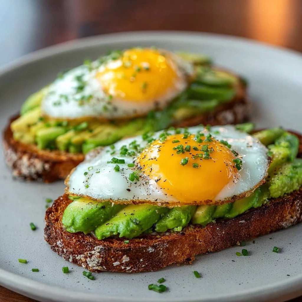Avocado toast topped with a sunny-side-up egg on a plate